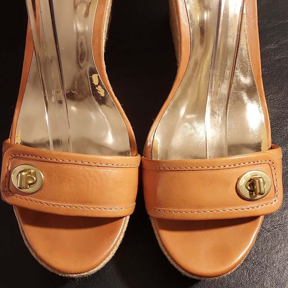 Coach Sandals Size 10 Glinda Espadrille Wedge Ankle Strap Platform Pump Heel Tan - Picture 8 of 13